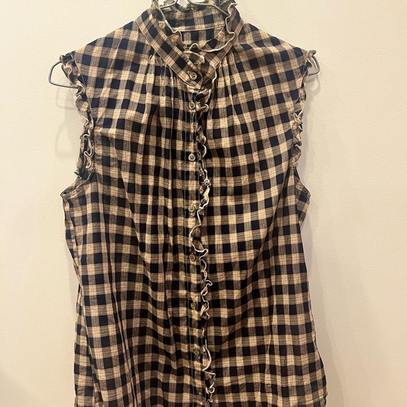 Pendleton Navy and Tan Checkered Ruffle Blouse Country Western Cottagecore - Picture 2 of 3